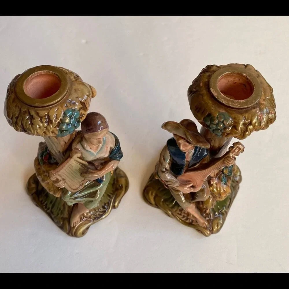 Arcadia Candle Holders Courting Couple Figural Set‎ - Hand-Painted 50s Giftware